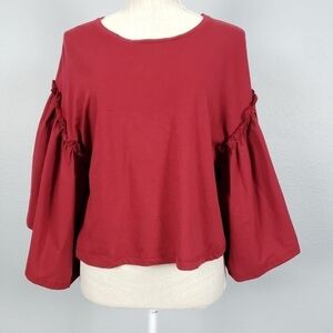 ZARA TRAFALUC Bell Lantern Sleeve Cropped Top Maroon Boho Sz S